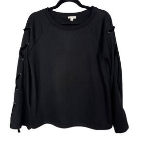 Hem & Thread Medium M Black Lace Up Sleeve Pullover Sweatshirt Crew Neck